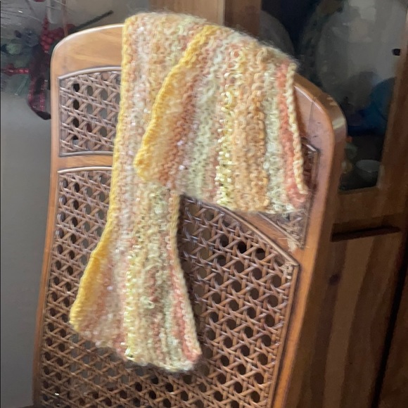 Yellow peachy tones handknit wool and ribbon scarf - Picture 3 of 4